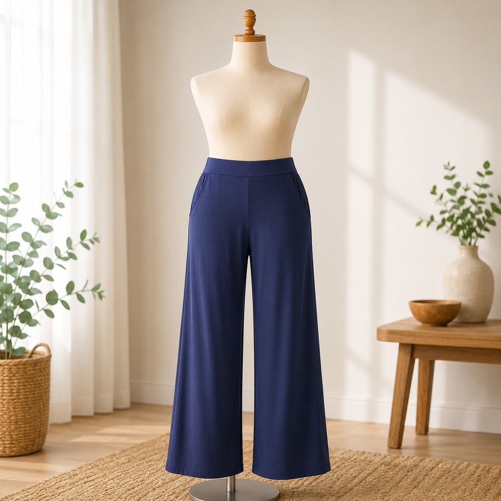 Dennis by Dennis Basso Wide Leg Pants Womens Medium Navy Blue Elastic Waist